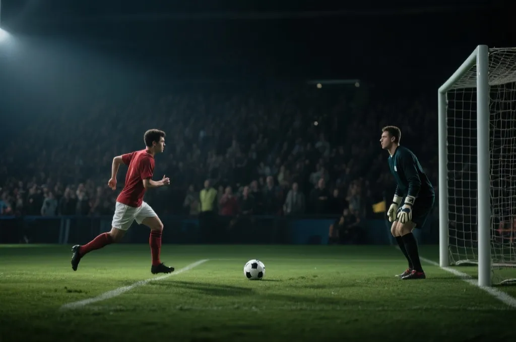 点球大战的紧张瞬间：球员助跑、门将专注、观众屏息