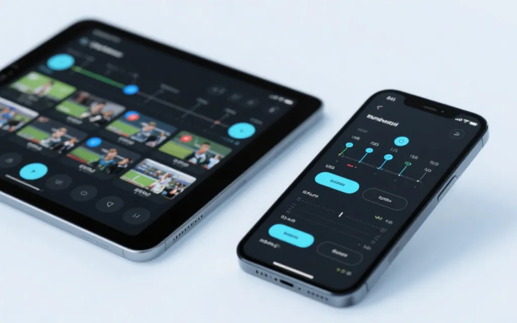 手机与平板上的多机位选择界面示意，包含时间轴与关键事件标记